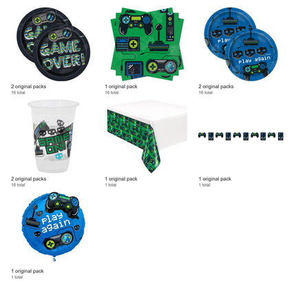 Gamer Party Supplies and Foil Balloon Set for 16 Guests - included packs and quantities