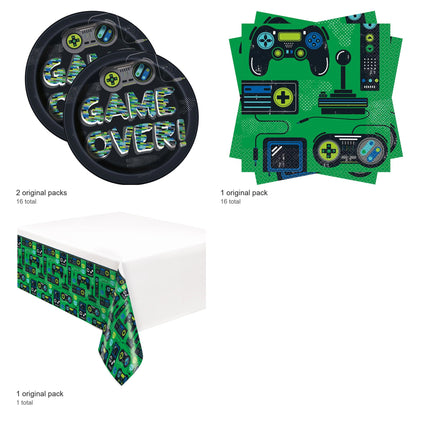 Gamer Plates, Napkins and Tablecloth Set for 16 Guests - included packs and quantities