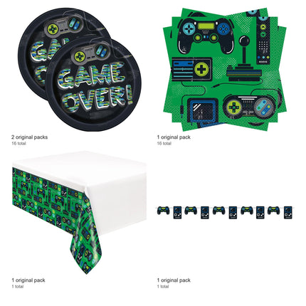 Gamer Plates, Napkins, Banner and Tablecloth Set for 16 Guests - included packs and quantities