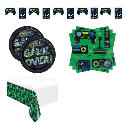 Gamer Plates, Napkins, Banner and Tablecloth Set for 16 Guests - set overview