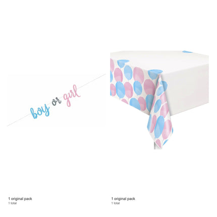 Gender Reveal Banner and Tablecloth Decoration Set - included packs and quantities