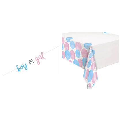 Gender Reveal Banner and Tablecloth Decoration Set - set overview