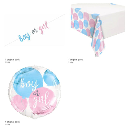 Gender Reveal Banner, Tablecloth and Foil Balloon Set - included packs and quantities