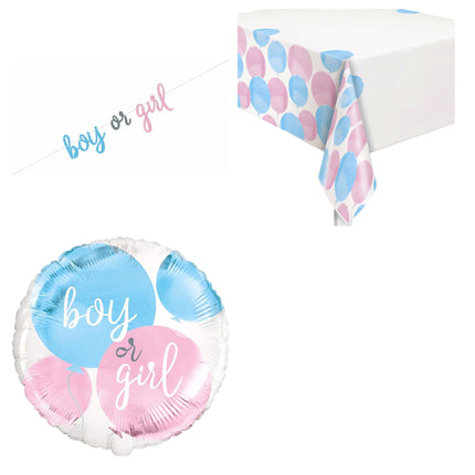 Gender Reveal Banner, Tablecloth and Foil Balloon Set - set overview