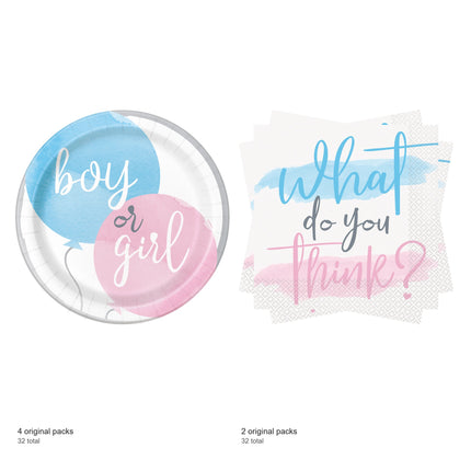 Gender Reveal Dinner Plates and Napkins Set for 32 Guests - included packs and quantities