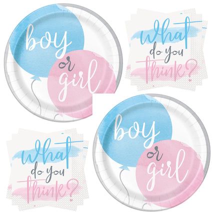 Gender Reveal Dinner Plates and Napkins Set for 32 Guests - set overview