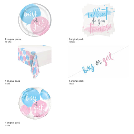 Gender Reveal Party Supplies and Foil Balloon Set for 16 Guests - included packs and quantities