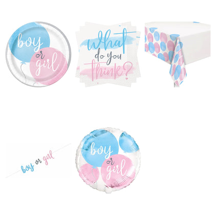Gender Reveal Party Supplies and Foil Balloon Set for 16 Guests - set overview