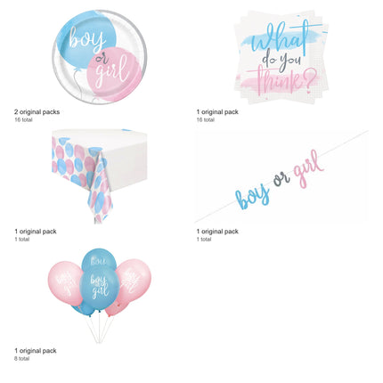 Gender Reveal Party Supplies and Latex Balloons Set for 16 Guests - included packs and quantities