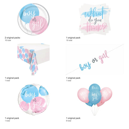 Gender Reveal Party Supplies, Foil and Latex Balloons Set for 16 Guests - included packs and quantities
