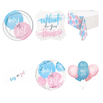 Gender Reveal Party Supplies, Foil and Latex Balloons Set for 16 Guests - set overview