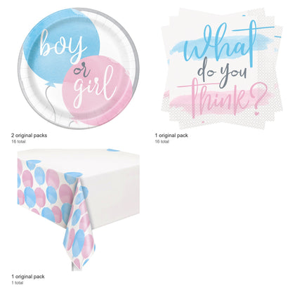 Gender Reveal Plates, Napkins and Tablecloth Set for 16 Guests - included packs and quantities