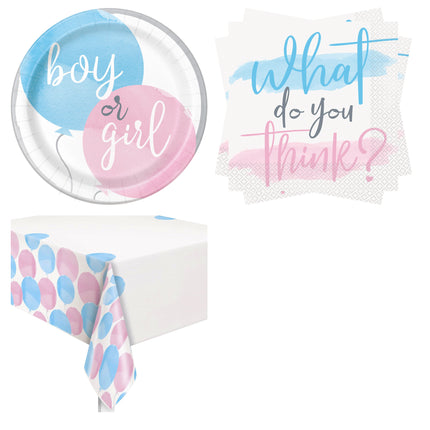 Gender Reveal Plates, Napkins and Tablecloth Set for 16 Guests - set overview