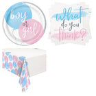 Gender Reveal Plates, Napkins and Tablecloth Set for 16 Guests - set overview