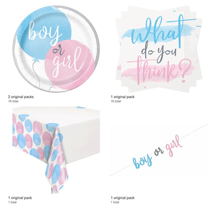 Gender Reveal Plates, Napkins, Banner and Tablecloth Set for 16 Guests - included packs and quantities
