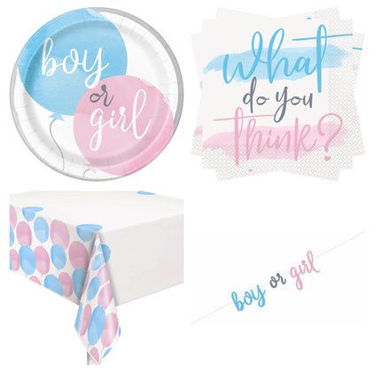 Gender Reveal Plates, Napkins, Banner and Tablecloth Set for 16 Guests - set overview