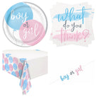 Gender Reveal Plates, Napkins, Banner and Tablecloth Set for 16 Guests - set overview