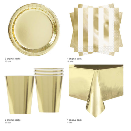 Gold Metallic Coordinated Party Supplies Set for 16 Guests - included packs and quantities