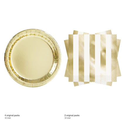 Gold Metallic Dinner Plates and Napkins Set for 32 Guests - included packs and quantities