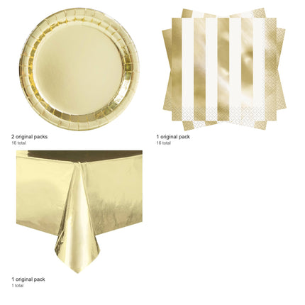 Gold Metallic Plates, Napkins and Tablecloth Set for 16 Guests - included packs and quantities