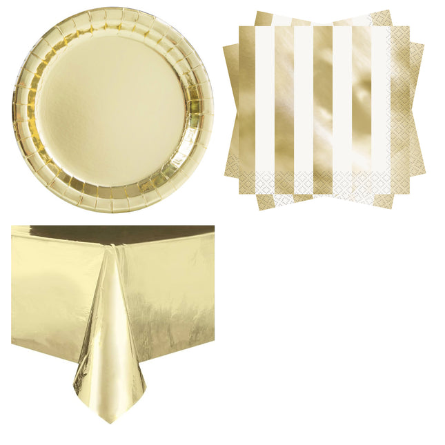Gold Metallic Plates, Napkins and Tablecloth Set for 16 Guests - set overview