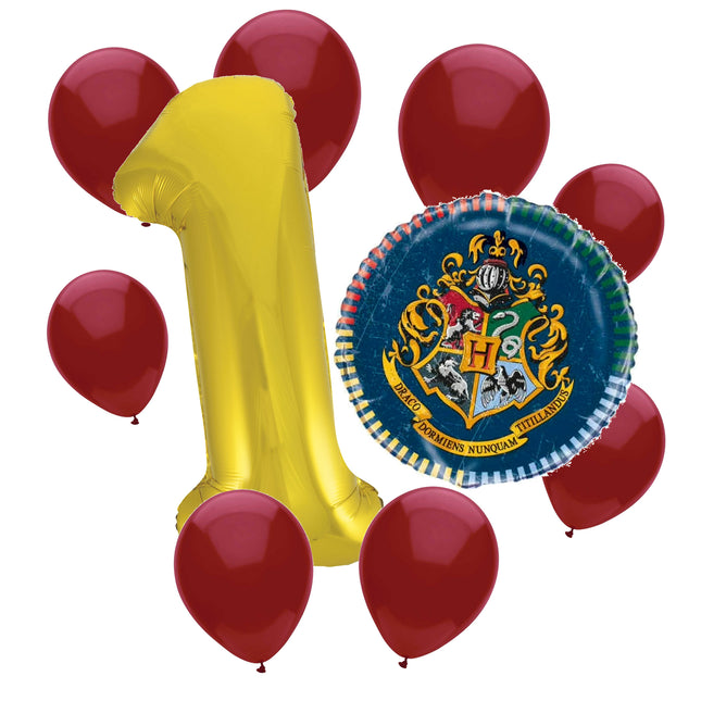 Harry Potter 1st birthday set main: number 1 foil, themed foil and 8 matching latex balloons