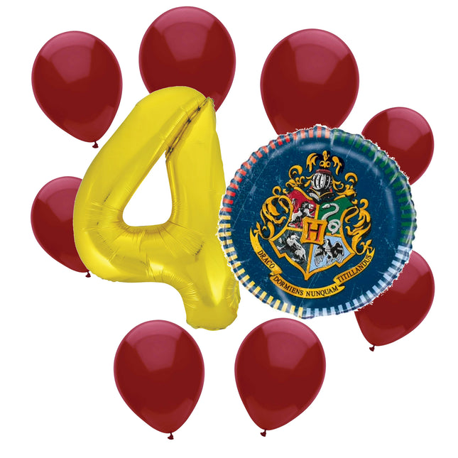 Harry Potter 4th birthday set main: number 4 foil, themed foil and 8 matching latex balloons
