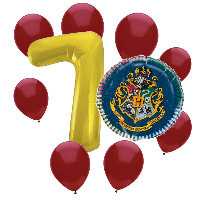 Harry Potter 7th birthday set main: number 7 foil, themed foil and 8 matching latex balloons