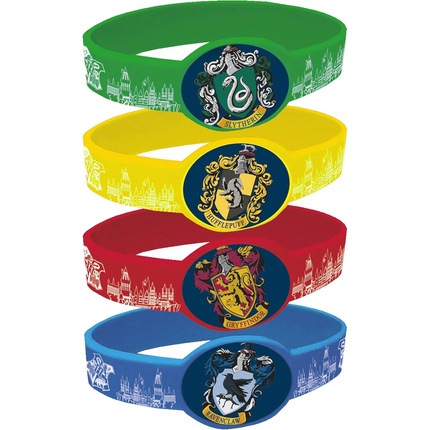 Four Harry Potter-themed wristbands with different houses on a white background