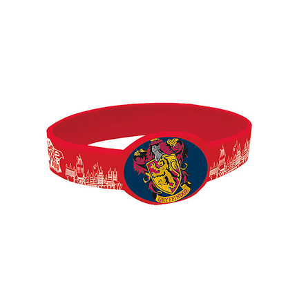 Red wristband with a crest design on a white background