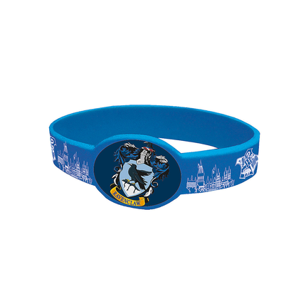 Blue wristband with a crest design on a white background