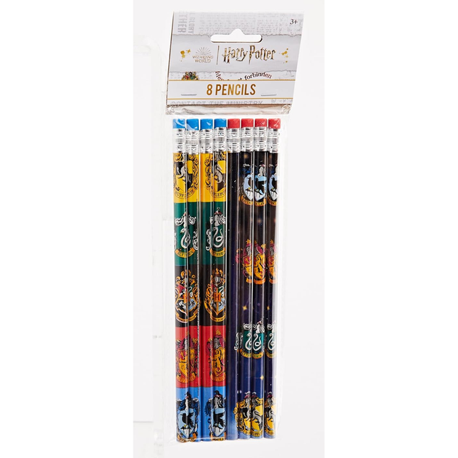 Pack of 8 Harry Potter pencils with colorful designs on a white background