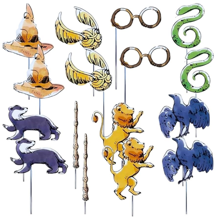 Collection of colorful animal-themed photo booth props on sticks against a white background.