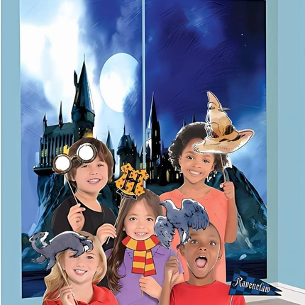 Children with photo booth props in front of a castle and moon background
