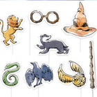 Set of Harry Potter-themed cupcake toppers with characters and objects on sticks.