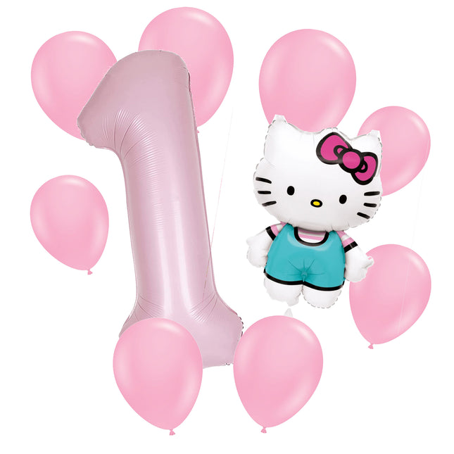 Hello Kitty 1st birthday set main: number 1 foil, themed foil and 8 matching latex balloons