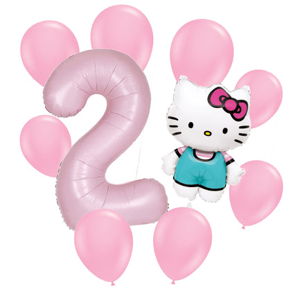 Hello Kitty 2nd birthday set main: number 2 foil, themed foil and 8 matching latex balloons