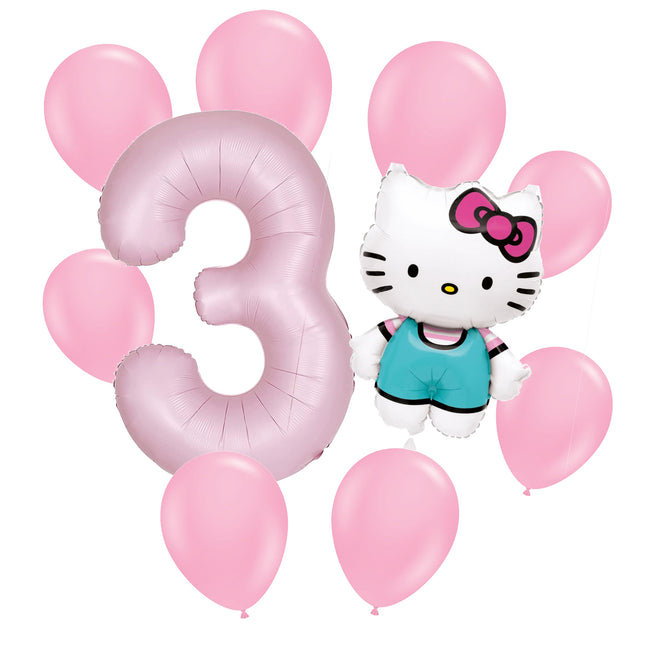 Hello Kitty 3rd birthday set main: number 3 foil, themed foil and 8 matching latex balloons
