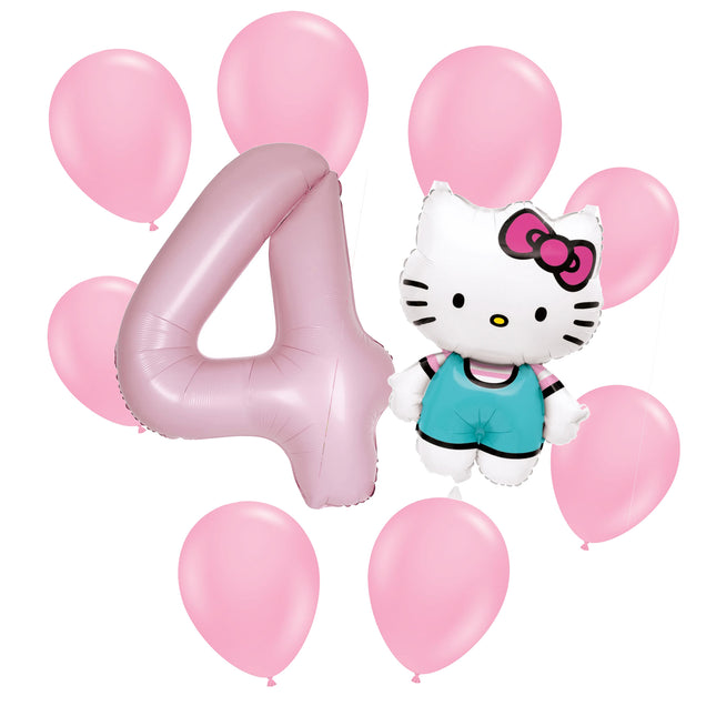 Hello Kitty 4th birthday set main: number 4 foil, themed foil and 8 matching latex balloons