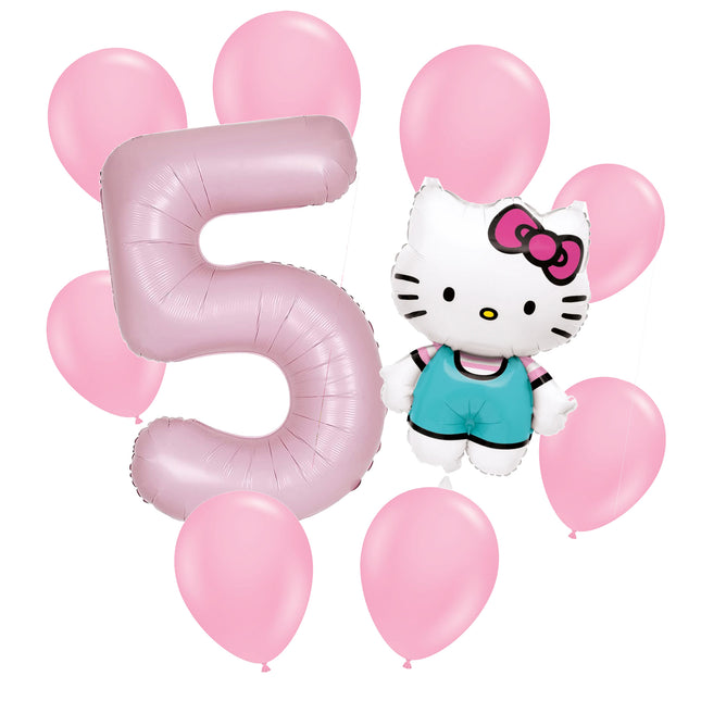 Hello Kitty 5th birthday set main: number 5 foil, themed foil and 8 matching latex balloons
