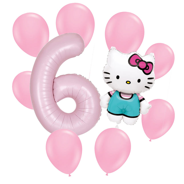 Hello Kitty 6th birthday set main: number 6 foil, themed foil and 8 matching latex balloons