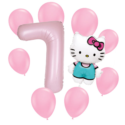 Hello Kitty 7th birthday set main: number 7 foil, themed foil and 8 matching latex balloons