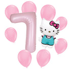 Hello Kitty 7th birthday set main: number 7 foil, themed foil and 8 matching latex balloons