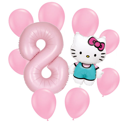Hello Kitty 8th birthday set main: number 8 foil, themed foil and 8 matching latex balloons