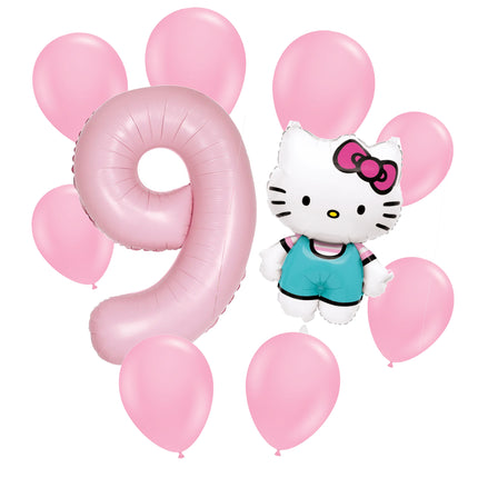 Hello Kitty 9th birthday set main: number 9 foil, themed foil and 8 matching latex balloons
