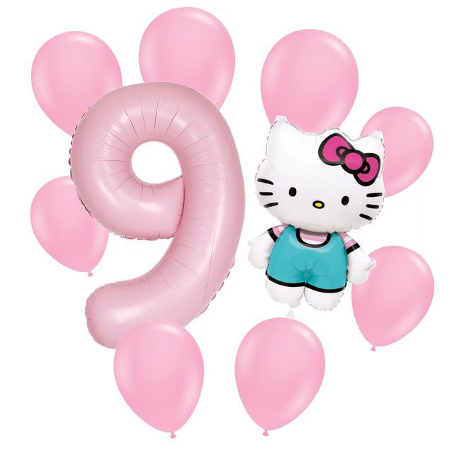 Hello Kitty 9th birthday set main: number 9 foil, themed foil and 8 matching latex balloons