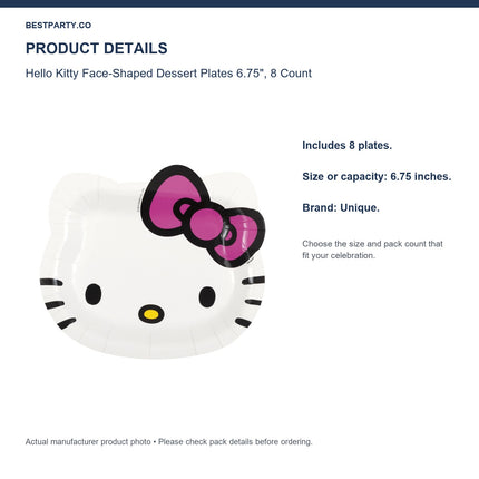 Hello Kitty Face-Shaped Dessert Plates 6.75", 8 Count — size and pack information