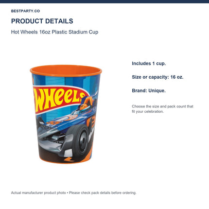 Hot Wheels 16oz Plastic Stadium Cup — size and pack information
