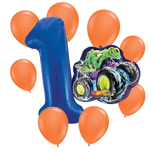 Hot Wheels 1st birthday set main: number 1 foil, themed foil and 8 matching latex balloons