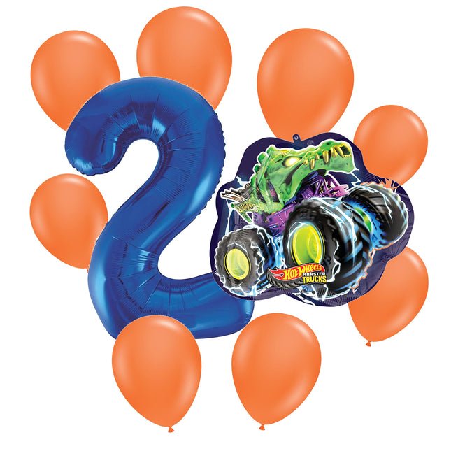 Hot Wheels 2nd birthday set main: number 2 foil, themed foil and 8 matching latex balloons